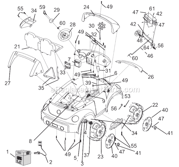 Page A Diagram and Parts List for B3162  Power Wheels Ride-On Cars